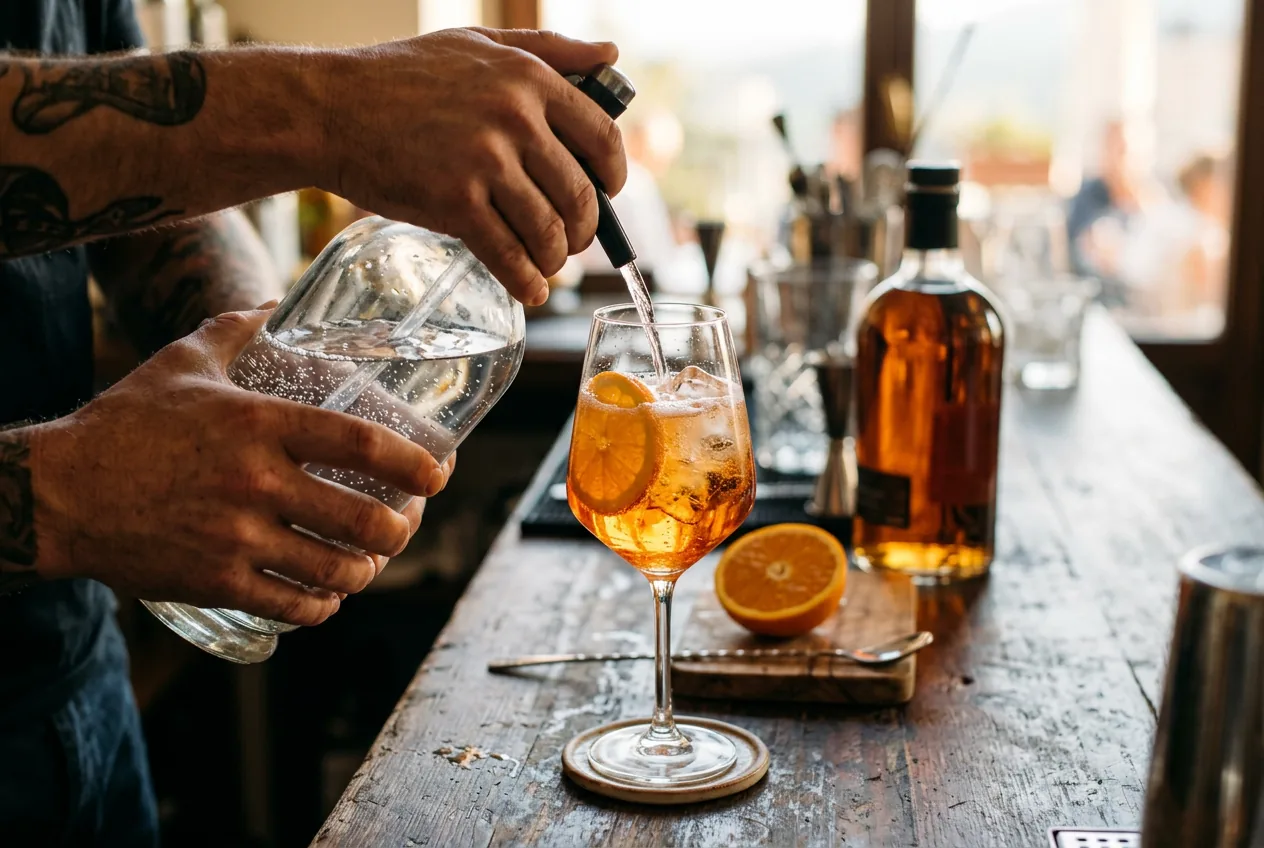 Préparation du spritz sans alcool — verre tulipe et eau gazeuse